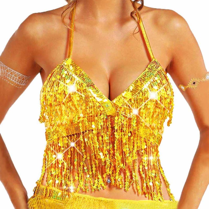 Nicute Silver Sequin Top Fringe Bra Top Sparkly Belly Dance Tops for Women - Image 1